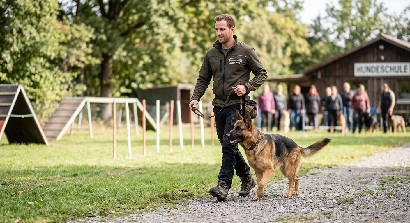 Diensthundeführer mit Schäferhund auf Hundeschul-Trainingsgelände – Ausbildung Bewachungsgewerbe