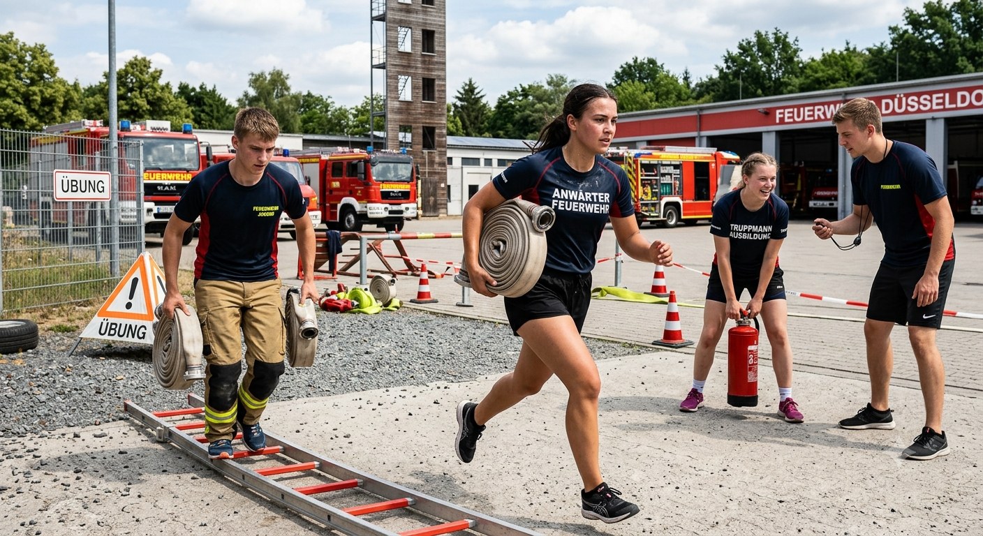 Feuerwehr-Anwärter beim Übungsparcours mit Schlauch und Feuerlöscher – Einstellungstest Vorbereitung