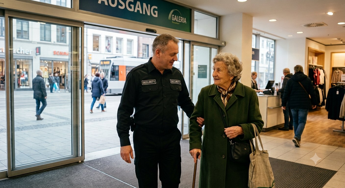 Sicherheitsmitarbeiter begleitet Kundin im Einkaufszentrum – Sachkundeprüfung § 34a GewO Ausbildung Dortmund