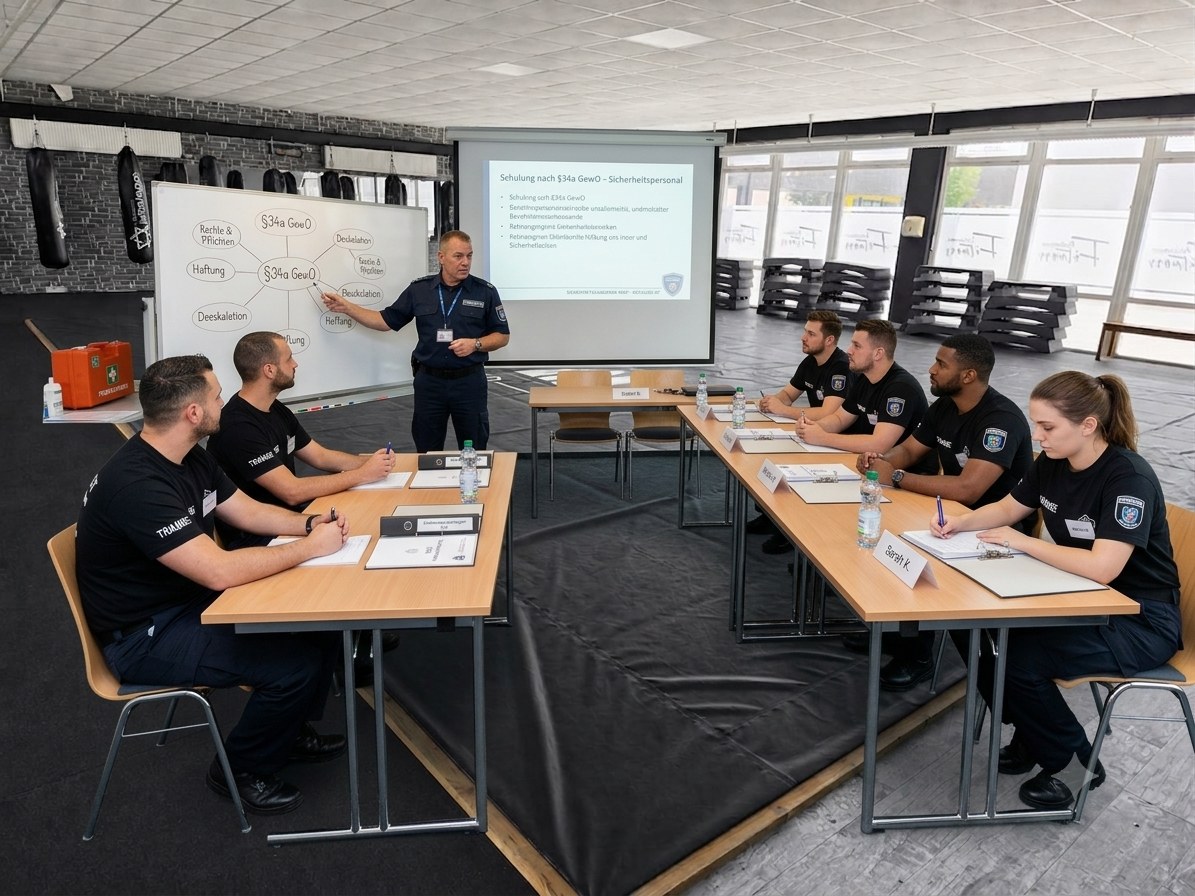 Ausbilder schult Sicherheitspersonal zu § 34a GewO im Klassenraum – Alphateam Akademie